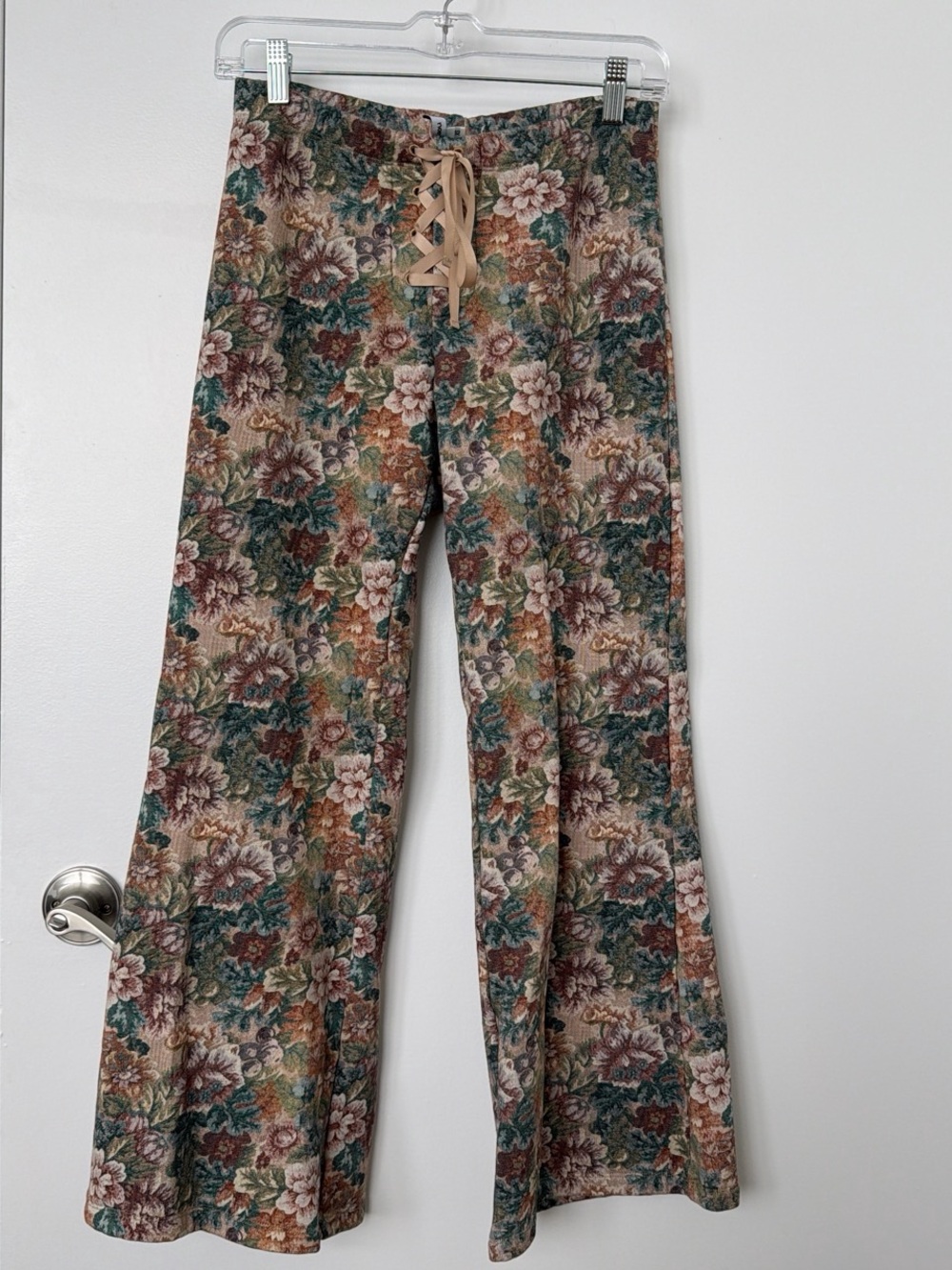 Miaou Floral Lace-Up Wide Leg Pants in Teal, Rust & Beige